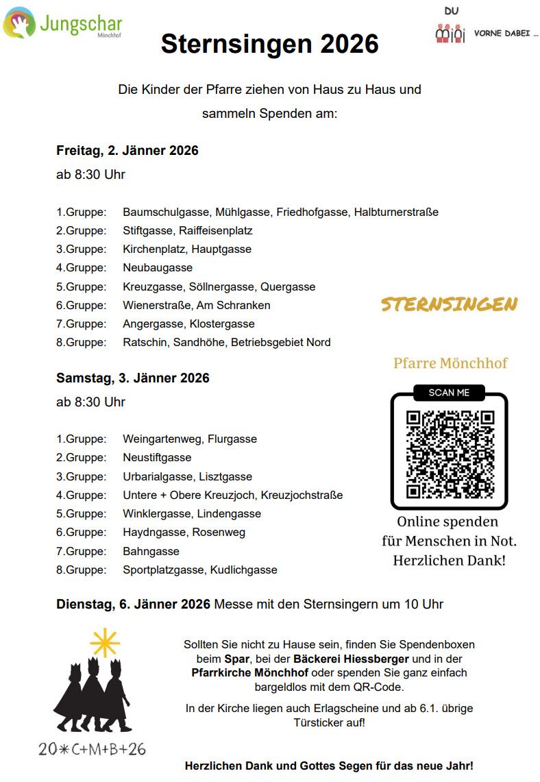 Ein Bild zeigt einen Flyer mit Abfallsammelstellen für Freitag, 2. Januar 2026, und Samstag, 3. Januar 2026, einschließlich bestimmter Straßen und Gruppen. Es wird eine Online-Spendenoption für Bedürftige erwähnt. Am Dienstag, 6. Januar 2026, findet um 10 Uhr ein Markt mit Sternsingern statt.