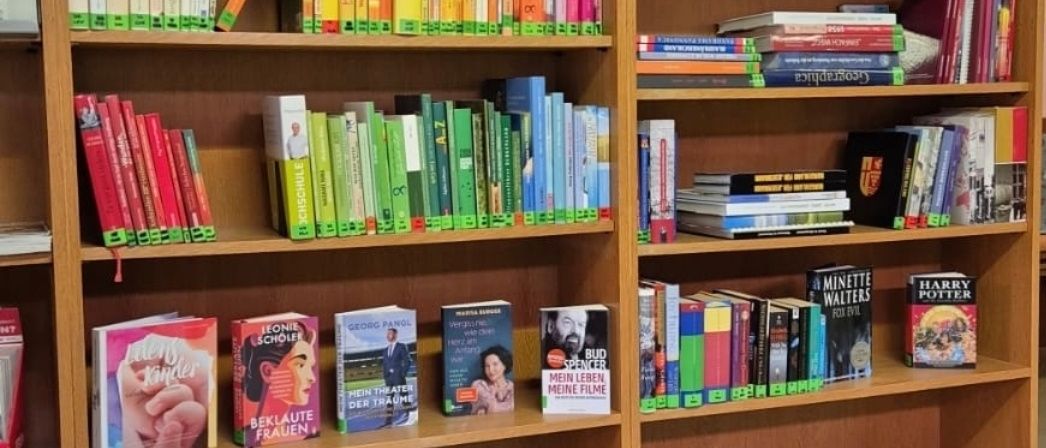 Ein hölzerne Bücherregal gefüllt mit Büchern in verschiedenen Größen und Farben. Die Bücher sind ordentlich auf den Regalen angeordnet, einige Titel sind sichtbar.