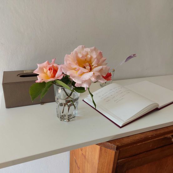 Bild enthält, Furniture, Table, Book, Tabletop, Flower, Flower Arrangement, Desk, Rose, Flower Bouquet, Windowsill