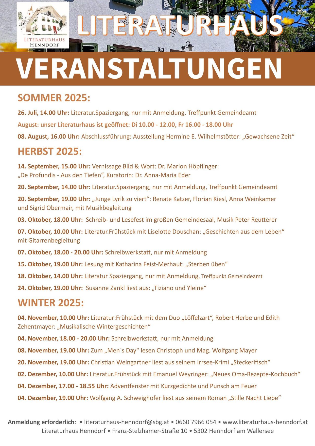 Plakat mit Veranstaltungen für Sommer, Herbst und Winter 2025. Beinhaltet Termine, Uhrzeiten und Aktivitäten wie Literaturtreffen, Lesungen und Workshops. Einige Veranstaltungen erfordern eine Anmeldung.