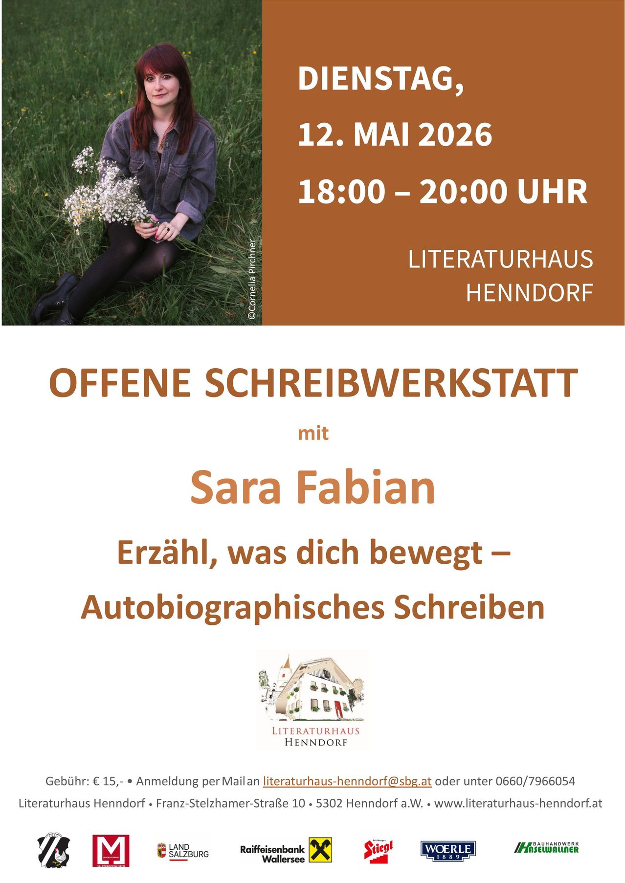 Ein Plakat für eine offene Schreibwerkstatt mit Sara Fabian, die am 12. Mai 2026 von 18:00 bis 20:00 Uhr im Literaturhaus Henndorf stattfindet.