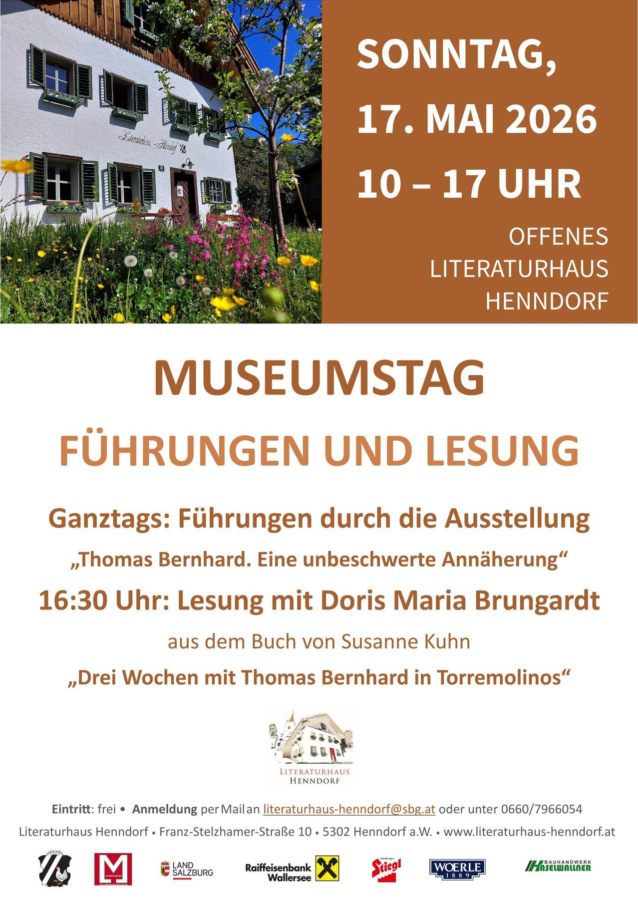 Ein Werbeplakat für den Museumstag in Henndorf mit einem Haus, Blumen und Informationen über Führungen und Lesungen.