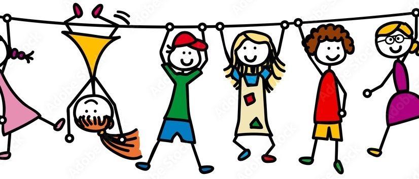 Illustration von Kindern, die sich an einer horizontalen Stange festhalten, lächelnd und verspielt wirkend. Ein Kind hängt kopfüber.