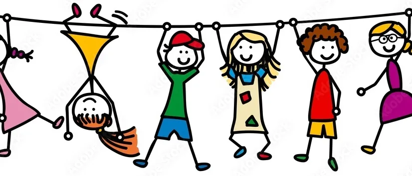 Illustration von Kindern, die sich an einer horizontalen Stange festhalten, lächelnd und verspielt wirkend. Ein Kind hängt kopfüber.