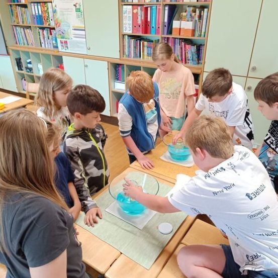 Eine Gruppe von Kindern versammelt sich um einen Tisch und führt ein Experiment mit blauer Flüssigkeit durch. Sie befinden sich in einem Klassenzimmer mit Regalen voller Bücher.