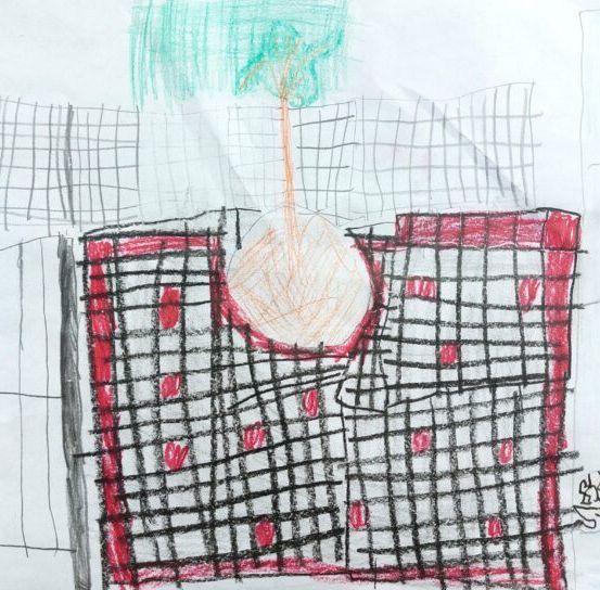 Eine Zeichnung zeigt ein rotes und schwarzes Gitter mit einem zentralen runden Objekt, möglicherweise einem Baum, darüber. Grüne Linien umgeben den Baum.