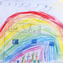 Eine Kinderzeichnung eines Hauses mit einem Regenbogen darüber, mit einer Uhr und Menschen, die darunter stehen.