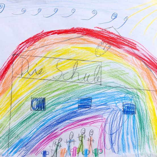 Eine Kinderzeichnung eines Hauses mit einem Regenbogen darüber, mit einer Uhr und Menschen, die darunter stehen.
