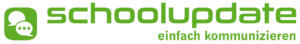 Das SchoolUpdate-Logo mit einem Sprechblasensymbol und dem Text 'schoolupdate' in Grün auf schwarzem Hintergrund. Darunter steht 'offizieller Kommunikationskanal.'