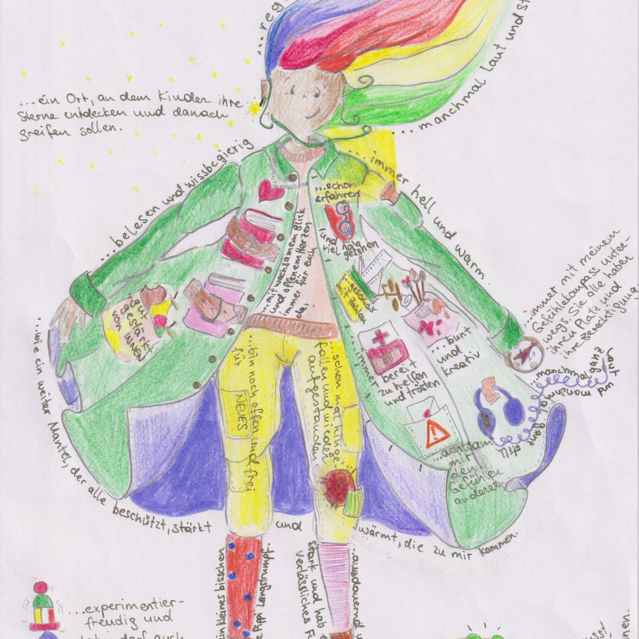 Illustration einer bunten Figur mit vielen Taschen, die ein Buch hält, Stiefel und einen Mantel trägt, mit bunter Schrift drumherum.