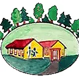 Eine Aquarellillustration eines Hauses mit rotem Dach auf einem Hügel mit Bäumen. Zwei Personen gehen auf das Haus zu.
