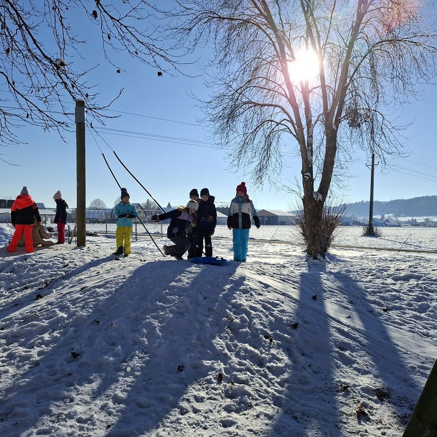 An einem sonnigen Tag spielen mehrere Kinder im Schnee. Sie tragen Winterkleidung und Mützen, und eines hält einen Stock. Der Boden ist mit Schnee bedeckt, und es gibt einen laublosen Baum. In der Ferne befinden sich Gebäude und Berge.