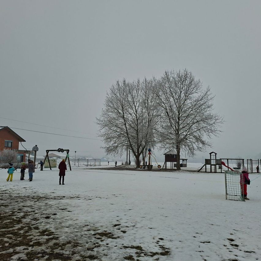 Eine Winterszene mit einem verschneiten Spielplatz. Einige Leute stehen in der Nähe der Bäume und andere spielen im Schnee.