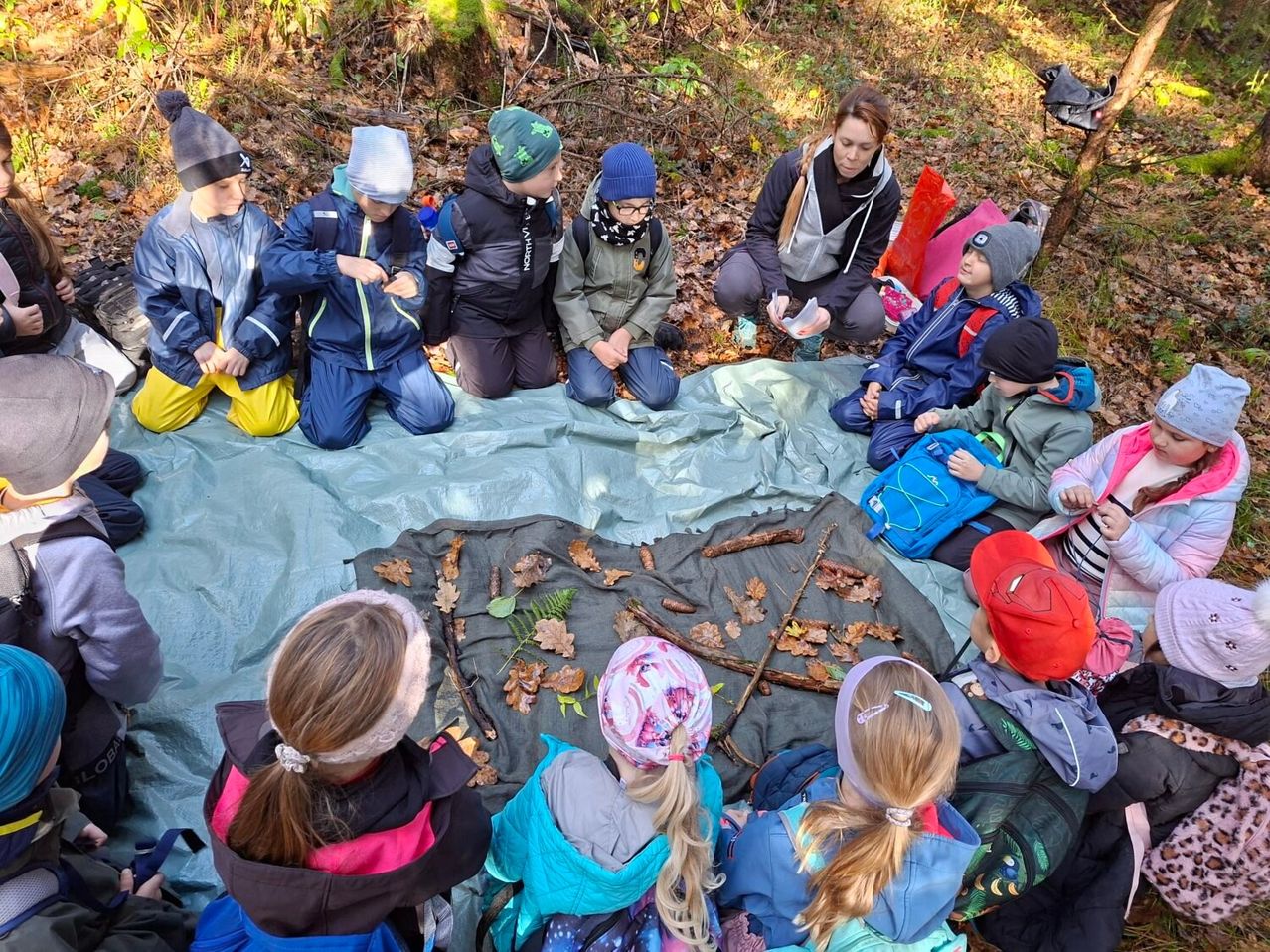Eine Gruppe von Kindern und eine erwachsene Frau sitzen in einem Kreis auf einer Plane im Wald und untersuchen Blätter und Zweige. Sie sind warm gekleidet in Jacken und Mützen. Die Frau hält einen kleinen Behälter.