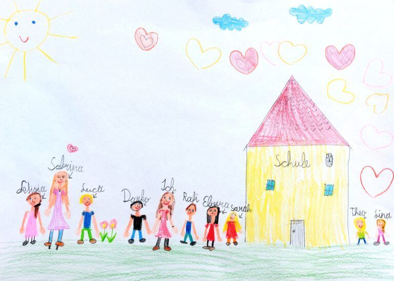 Eine bunte Zeichnung einer Familie, die mit einem Haus namens 'Schule' im Hintergrund spazieren geht, geschmückt mit Herzen und einer Sonne am Himmel.