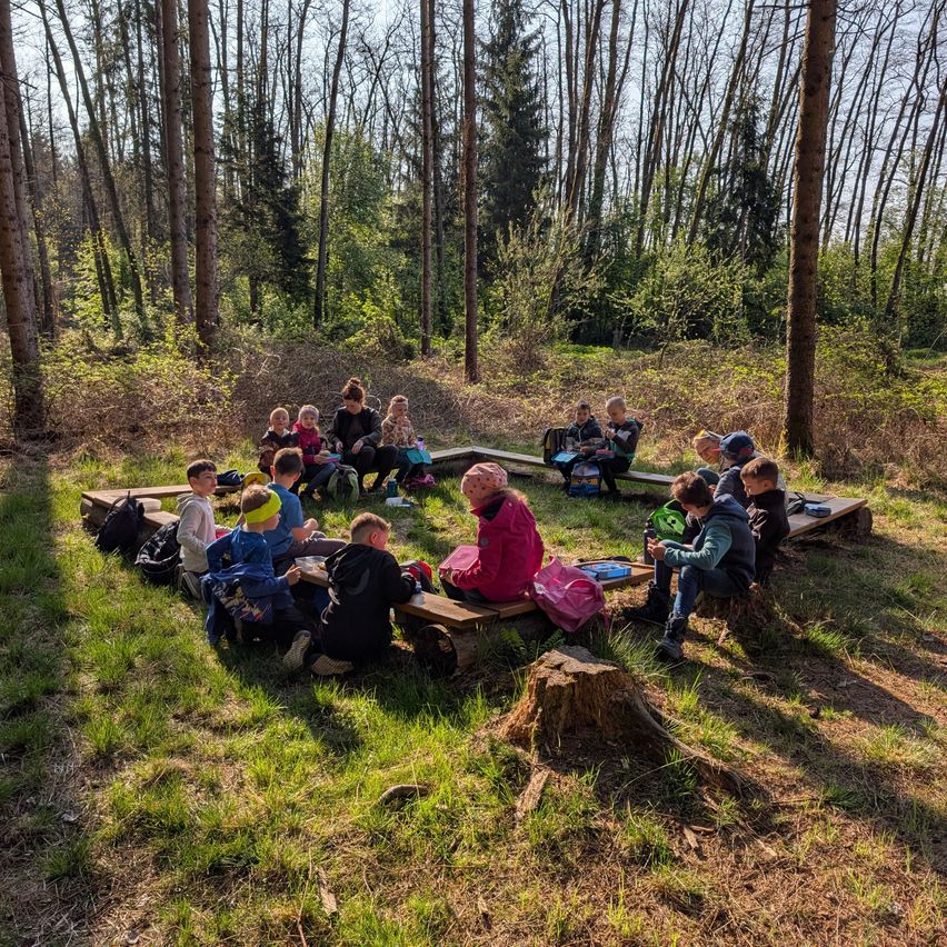 Eine Gruppe von Kindern und Erwachsenen sitzt im Kreis auf Bänken im Wald, einige tragen Mützen und Turnschuhe und Taschen liegen auf dem Boden.