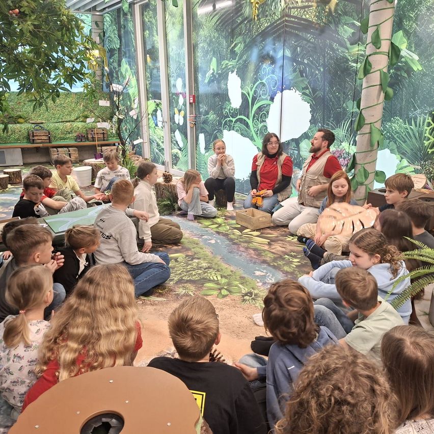 In einem Klassenzimmer sitzen Kinder im Kreis um zwei Pädagogen herum, umgeben von einer Dschungelwand, und sind in einer Aktivität verstrickt.