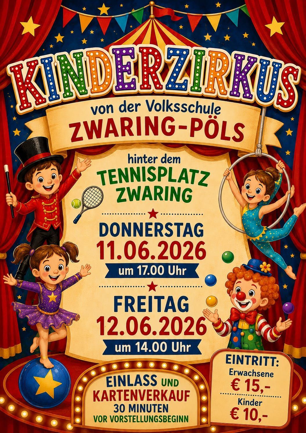 Kinderzirkus-Poster mit Kindern in Zirkuskostümen, Luftballons und einem Clown. Termine sind 11. und 12. Juni 2026 mit Zeiten 17:00 Uhr und 14:00 Uhr.