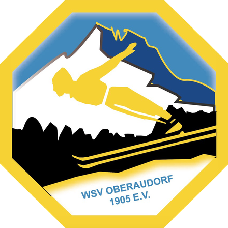 Illustration eines Skifahrers in der Luft über einem Berg mit dem Text 'WSV OBENAUDORF 1905 E.V.' darunter.