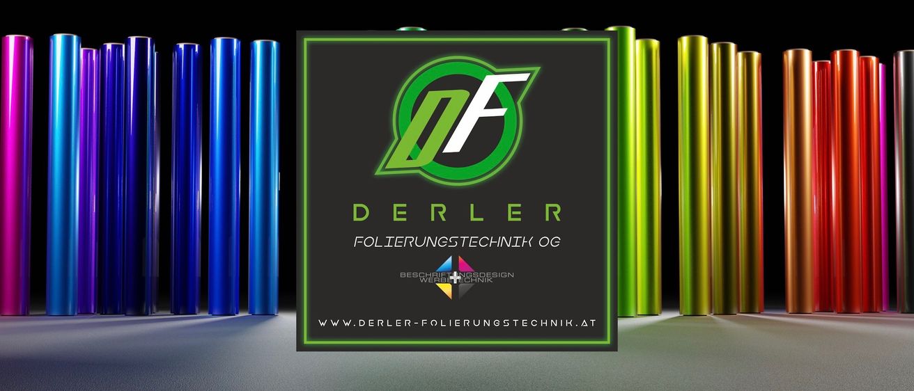Das Logo von Derler Folierungstechnik OG zeigt ein grünes 'DF' in weißer Schrift auf schwarzem Hintergrund mit blauen und grünen Zylindern dahinter. Die Website www.derler-folierungstechnik.at ist unten angezeigt.