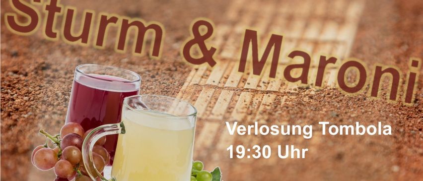 Ein Ereignis am 4. Oktober 2025, Beginn um 16:00 Uhr, mit Speisen und Getränken. Eine Tombola findet um 19:30 Uhr statt. Es sind Bilder von Früchten, Getränken und gerösteten Kastanien zu sehen.