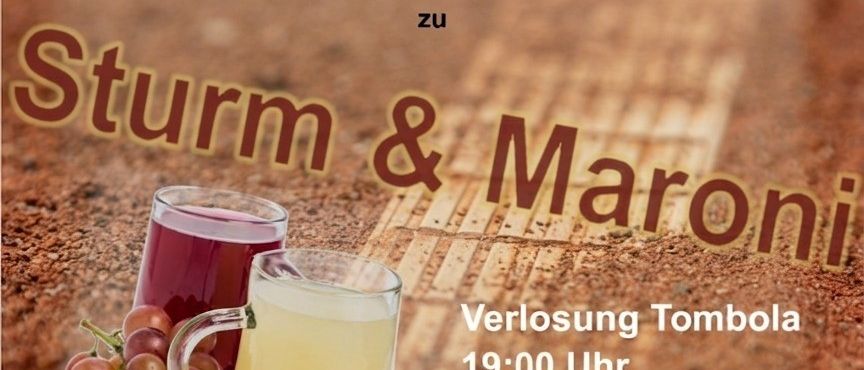 Plakat für eine Essens- und Getränkeveranstaltung am 3. Oktober 2026, Beginn um 15:00 Uhr. Es zeigt einen Saftbecher, Trauben und geröstete Kastanien.