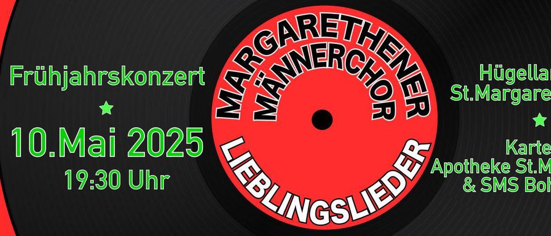 Eine rote Schallplatte mit den Worten 'Margarethen Mannerchor' und 'Lieblingslieder' darauf, mit 'Apothe' und 'St.M' an den Seiten.