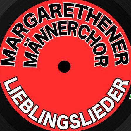 Rote Schallplatte mit 'Margarethen Mannerchor' und 'Lieblingslieder' in weißer Schrift. Die Platte hat ein Loch in der Mitte. Der Text 'St.M' und 'Apotheke & S' steht oben und unten auf der Platte.
