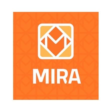 Orangefarbenes Quadrat mit einem weißen Logo mit einem stilisierten Buchstaben M und dem Wort Mira darunter.