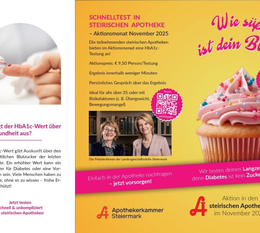 Plakat für HbA1c-Tests in steirischen Apotheken im November 2025. Es bietet einen Schnelltest für 9,50 Euro pro Person, mit Ergebnissen innerhalb von Minuten. Ideal für Personen über 35 mit Risikofaktoren. QR-Code für weitere Informationen.
