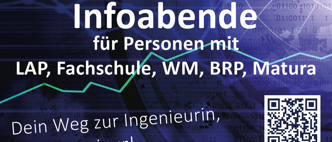 Plakat für eine Abendschule für Personen mit LAP, Fachschule, WM, BRP, Matura. QR-Code für weitere Infos. Datum: 24.06.2026, 18:00, HTL Weiz. Kontakt: Tel. 05 0248 043 203 oder E-Mail: abendschule@htlweiz.at.