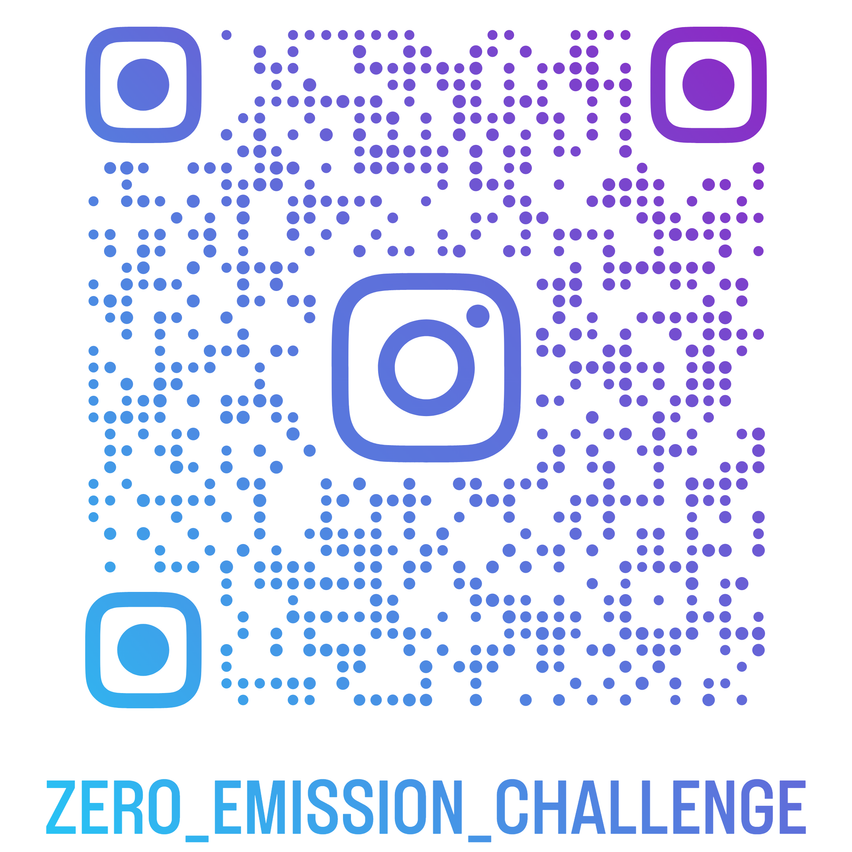 Ein Werbebild für die Zero Emission Challenge mit Instagram-Icons und einem QR-Code-Muster.
