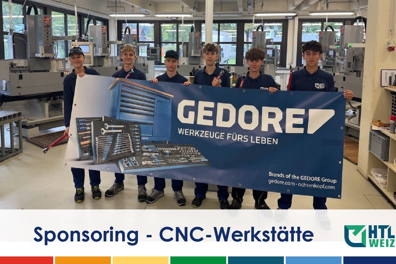 Fünf Jungen in blauen Uniformen halten ein Schild für Gedore hoch, auf dem 'Werkzeuge fürs Leben' steht. Sie befinden sich in einer Werkstatt mit Industriemaschinen und Werkzeugen im Hintergrund.