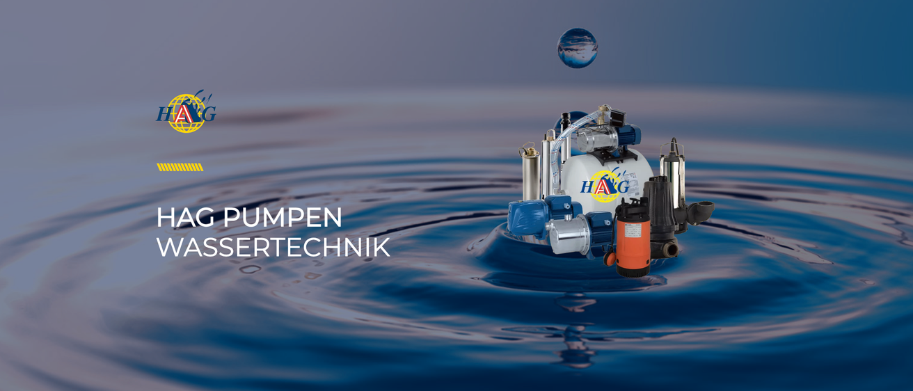 Ein Wassertropfen schwebt über einem eingetauchten Pumpensystem mit dem Logo HANG inmitten einer blauen Wasseroberfläche.