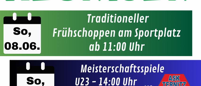 Werbeposter für das traditionelle Frühstücksevent des FC Heuriger am 8. Juni um 11:00 Uhr, mit Fußballspielen und einem neuen Marktangebot.