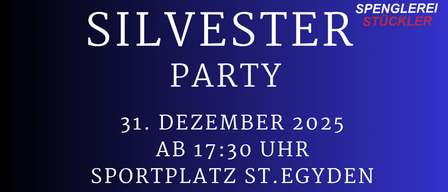 Veranstaltung am 31. Dezember 2025 um 17:30 auf dem Sportplatz St. Egyden. Es beinhaltet Kindersilvester, Kleine Feuerwerke und eine Party mit Legenden.