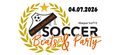 Auf einem weißen Hintergrund befindet sich ein Logo mit einem Fußball, 'Soccer Beats & Party' in fetter schwarzer Schrift und einem grünen Kranz. Über dem Kranz steht der Hashtag #bepartofit.