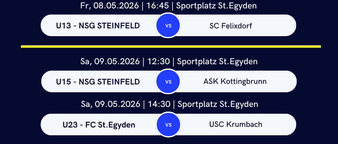 Das Bild zeigt den Spielplan für Heimspiele verschiedener Fußballmannschaften. Zu den Teams gehören U13 NSG Steinfeld, U15 NSG Steinfeld, U23 FC St.Egyden und USC Krumbach. Die Spiele finden auf dem Sportplatz St.Egyden statt.