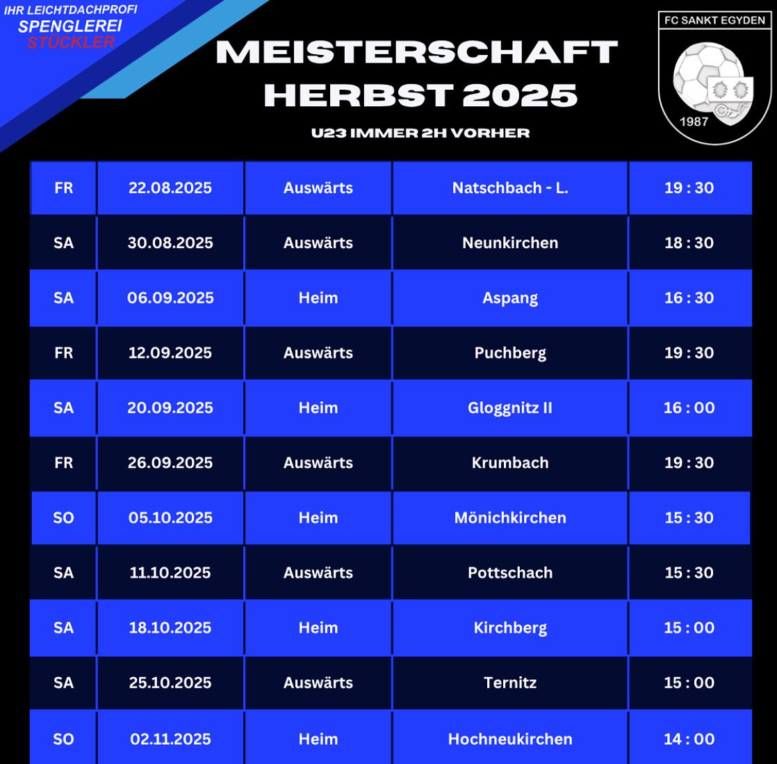 Ein Fußballligaspielplan für Herbst 2025. Spiele beinhalten Datum, Uhrzeit, Gegner und Spielorte. Die Spiele sind für verschiedene Tage von August bis November geplant.