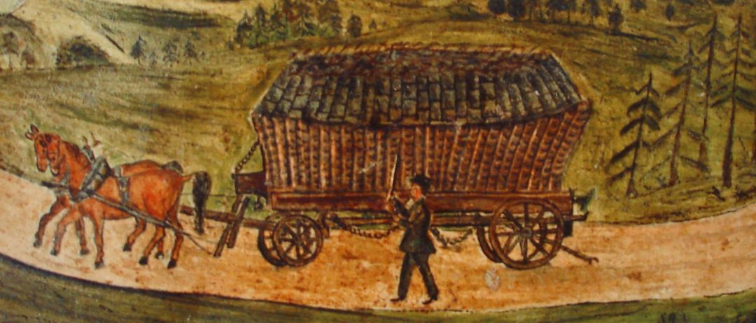 An old painting depicts a man leading a wagon loaded with wood, pulled by horses in a hilly countryside with trees and a mountain in the background.