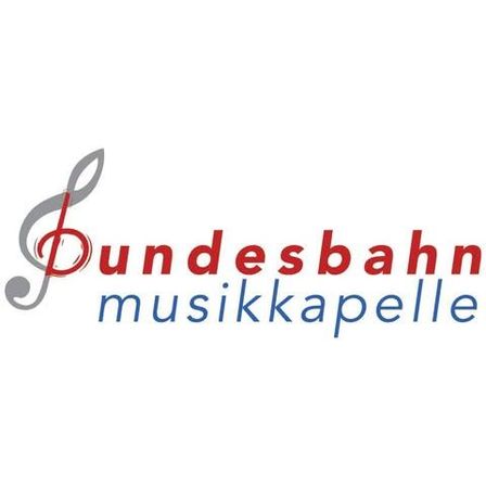 Das Logo zeigt eine Violinschlüssel, der mit den Worten 'Bundesbahn Musikkapelle' verflochten ist. Der Text ist in fetter roter und blauer Schrift, während der Violinschlüssel in grau ist.