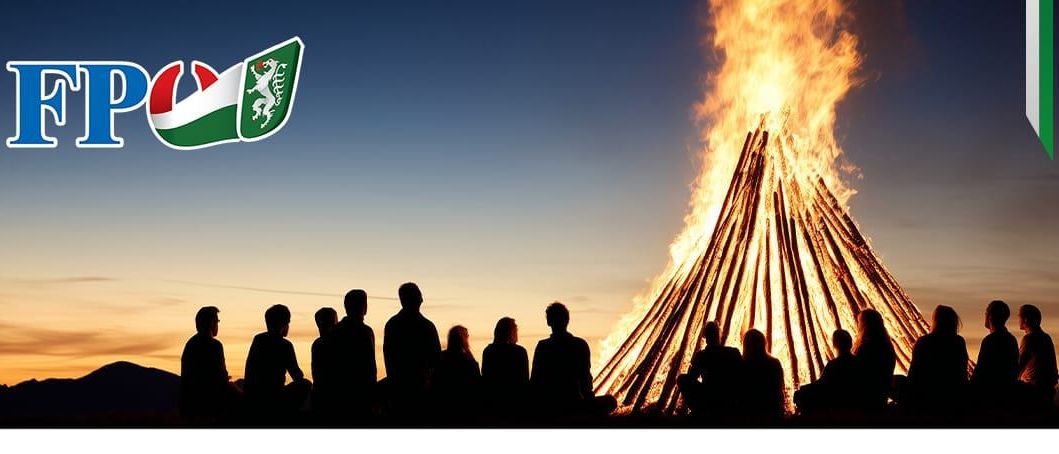 Einladungsposter zum Sommersonnenwendefeuer der FPO St. Bartholomä. Die Veranstaltung beginnt um 18:00 Uhr am 20. Juni.