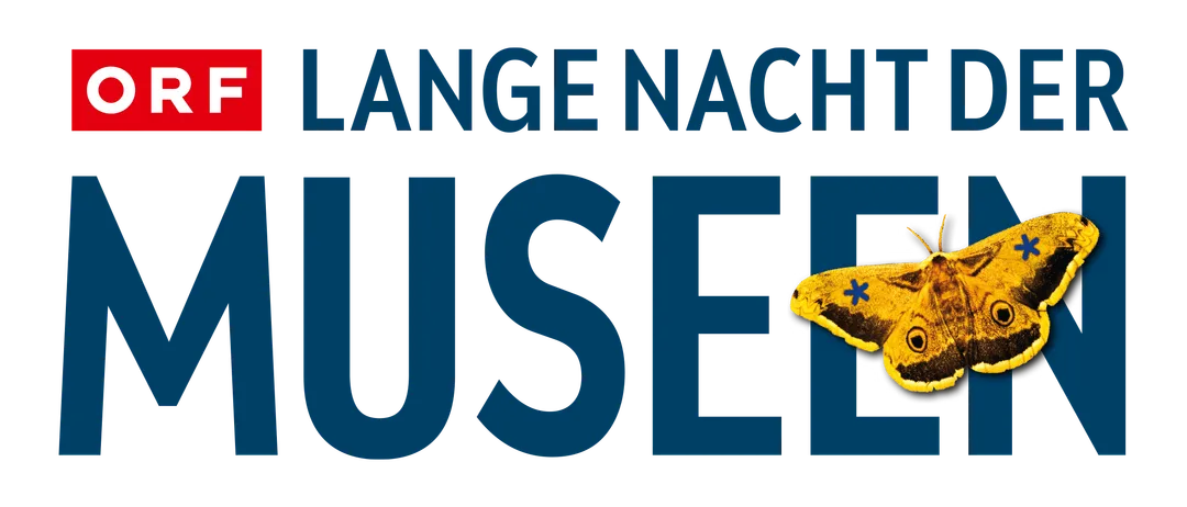 Werbebild für Lange Nacht der Museen mit einem Schmetterling auf der rechten Seite.