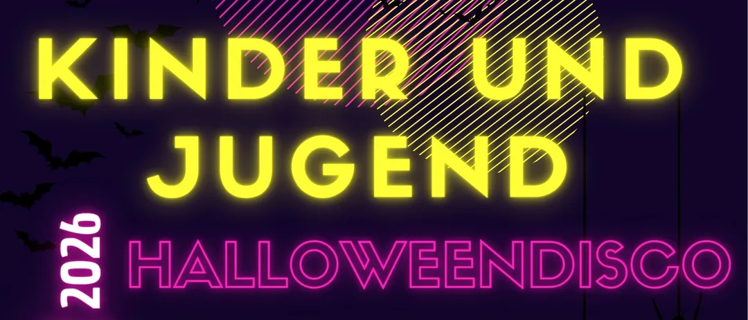 Ein Plakat für eine Halloween-Disco-Veranstaltung für Kinder und Jugendliche mit einem Mann in einem bunten Kostüm, der einen Boombox hält.