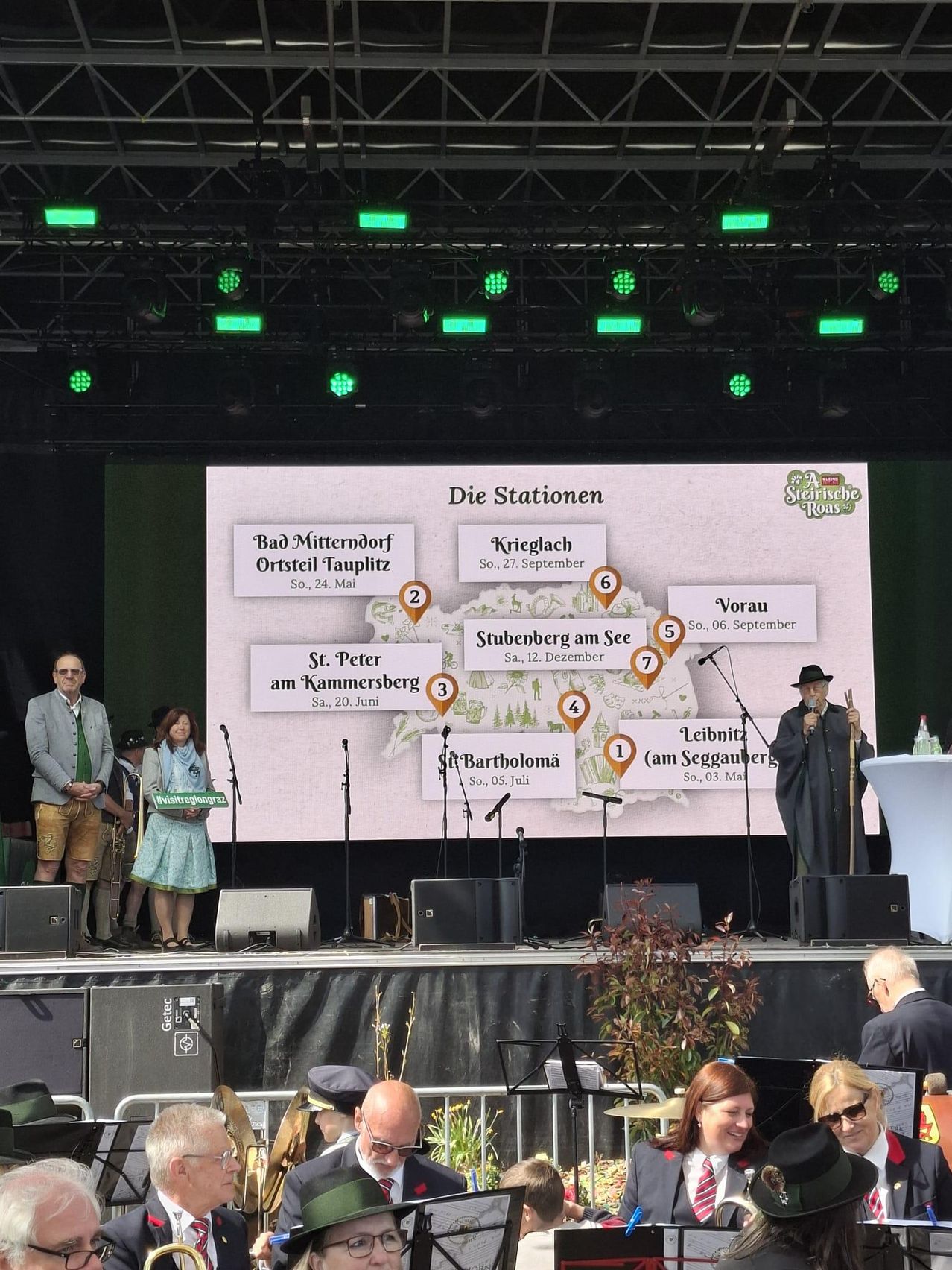 A stage setup with a large screen displaying a map of various locations and dates. A man speaks into a microphone, and a woman holds a document. The stage is lit with green lights.