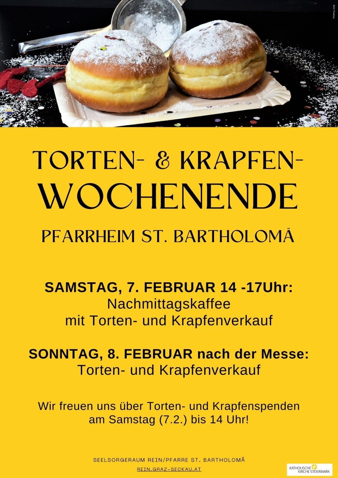 Plakat für ein Wochenenden-Event mit Donuts und Krapfen. Events sind am Samstag und Sonntag. Samstag hat Nachmittagskaffee mit Verkauf. Sonntag hat Verkauf nach der Messe.
