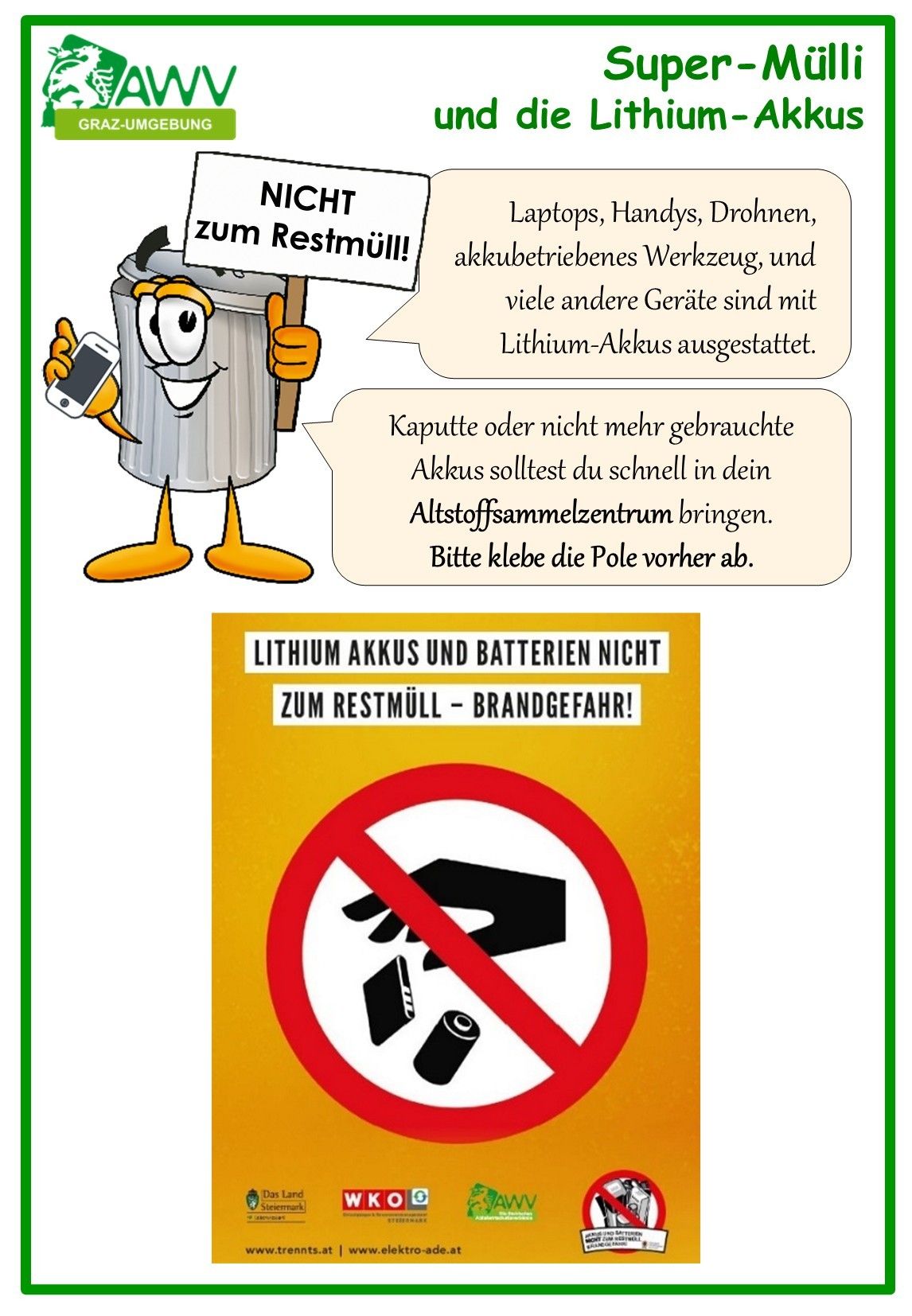 Ein Cartoon einer Mülltonne mit einem Schild, das 'Zum Restmüll!' sagt, mit einem Handy in der Hand. Es warnt davor, Lithium-Akkus und andere Geräte in den Müll zu werfen.