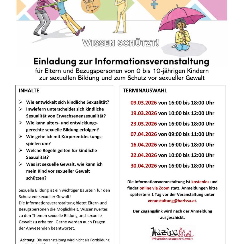 An invitation to an informational event for parents and caregivers of 0 to 10-year-old children on sexual education and protection from sexual violence. Dates and times available. Free online via Zoom. Registration required.