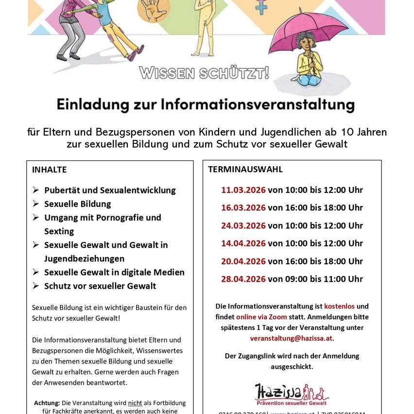 An invitation to an information event for parents and guardians of children and adolescents over 10 years old on sexual education and protection against sexual violence. Sessions include puberty, sexual development, sexual education, pornography, sexting, sexual violence, and digital media. Free and online via Zoom. Register a day before.