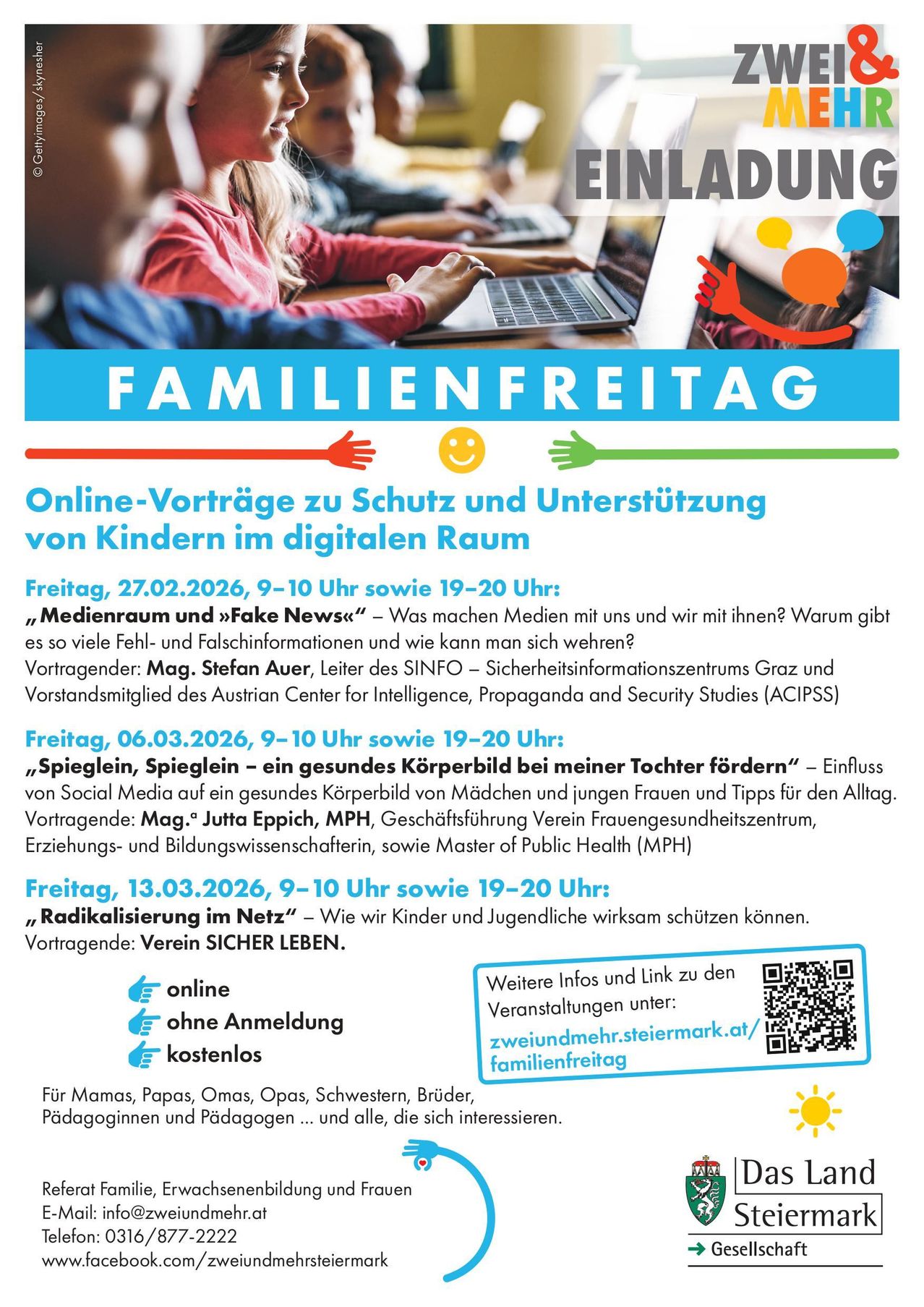 Poster for Family Day, featuring online lectures on protecting and supporting children in the digital space. Dates and topics include discussions on media space and fake news, social media's impact on body image, and online radicalization. Each session is free and open to all. QR code for more information.